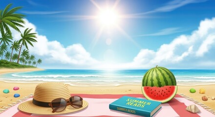 A beach scene with a towel, watermelon, and sunglasses on a blanket.