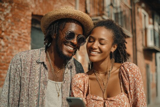 African American couple smiling together while looking at a smartphone outdoors, wearing stylish summer outfits, surrounded by rustic brick architecture, capturing joyful moments