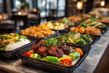 Fototapeta premium Colorful array of delicious Asian cuisine displayed in takeout containers, featuring vibrant vegetables, rice, and savory sauces, inviting culinary experience for food lovers