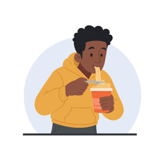 Man eating instant noodles, flat vector illustration. Modern lifestyle, fast food, food consumption.