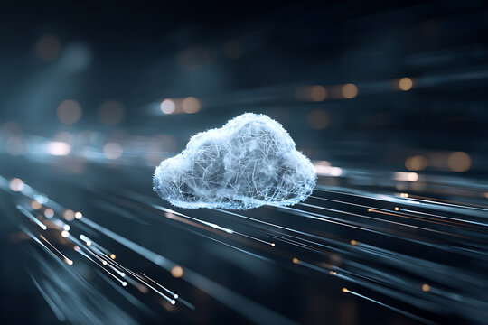 Dynamic digital cloud network concept with glowing data streams and abstract connections, representing modern connectivity and technology innovation.