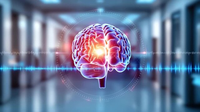 Human brain front view with holographic ring and radiant neural core glowing in red and orange light