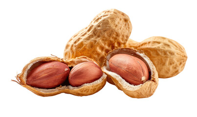 Two peanuts in their shells, halves open, revealing the reddish-brown nut meat inside.  The shells are light brown, with some visible texture.  A third peanut is partially visible. 