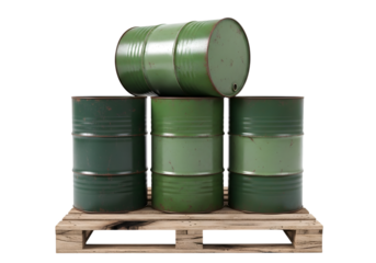 Stack of green metal barrels on a wooden pallet isolated on transparent background