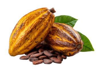 Two golden-yellow cacao pods, spotted with dark-brown, resting on dried cacao beans with vibrant green leaves