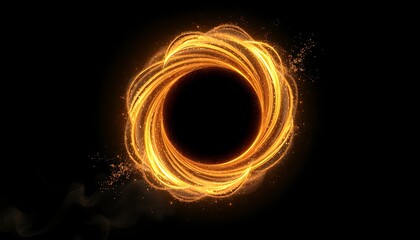 Naklejka premium Swirling Golden Light Ring with Particles and Smoke on Black Background abstract