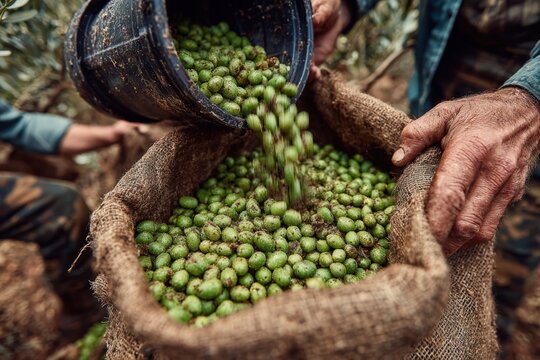 Hands of a farmer pouring freshly harvested green olives from a bucket into a burlap sack, showcasing the agricultural process and the essence of olive farming