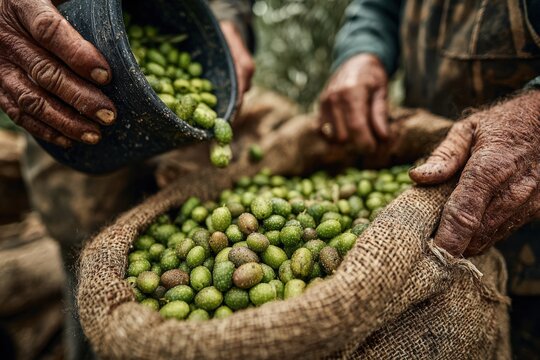 Hands of an elderly farmer pouring freshly harvested green olives from a container into a burlap sack, showcasing the traditional olive harvest process and agricultural dedication - Powered by Adobe