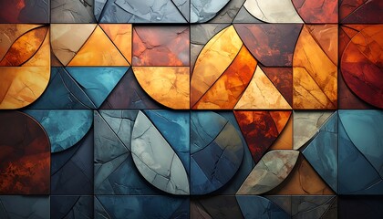 Geometric abstract wall panel design with layered, textured shapes in warm and cool tones
