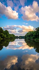 Peaceful view of a river reflecting a cloudy sky and treeline