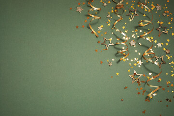 New Year, Christmas or birthday festive background top view. Celebration composition with golden...