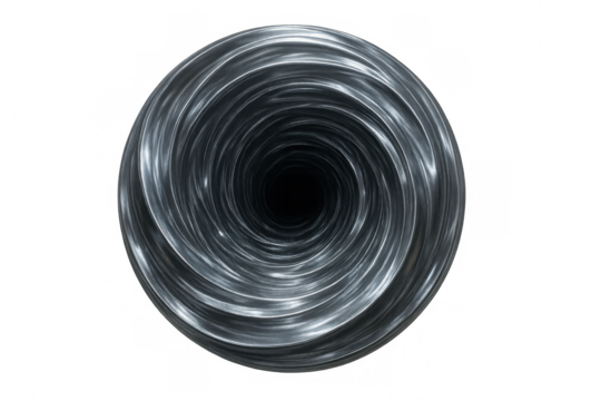 Abstract vortex tunnel representing a black hole, swirling illusion with metal effect, on transparent background