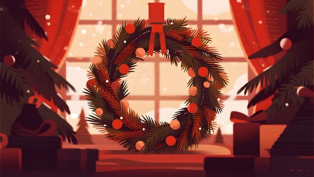 Christmas wreath with ornaments and ribbon