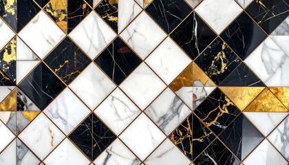Geometric marble tile pattern, black, white, gold
