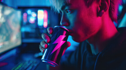 Young esports player drinking energy drink during gaming session with glowing pc lights, concentration and focus