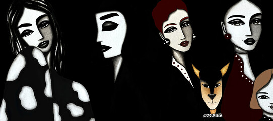 Pattern, texture, background of a women in contemporary, dark style, four, fashion girls, beautiful makeup, dress