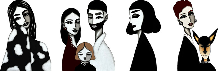 Painting, illustration, set of people, women, man, kid, dog in contemporary, dark style, fashion, png, isolated, transparent background 