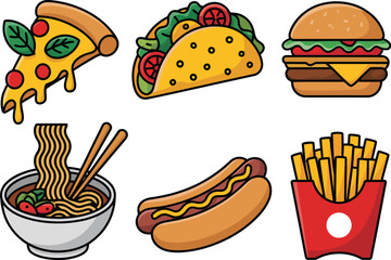 A vibrant and colorful vector illustration set showcasing popular fast food and delicious snack items, ideal for menus, designs, and culinary themes