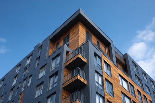 Building facade with black and brown cladding. Dark grey metal cladding with wood panels finish on apartment block. Bottom view. Blue sky. Timber paneling on modern architectural design urban setting