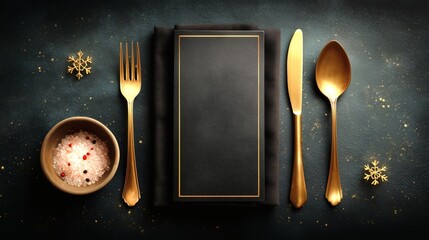 Elegant Christmas table menu with gold cutlery, snowflake decor, and dark textured background. Perfect for festive restaurant and holiday dining.