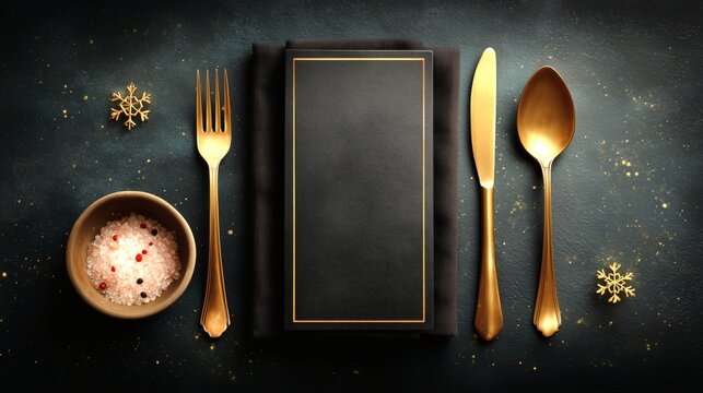 Elegant Christmas table menu with gold cutlery, snowflake decor, and dark textured background. Perfect for festive restaurant and holiday dining.