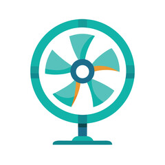 Electric Desk Fan with Teal Blades and Stand Keywords: electric fan, desk fan, appliance