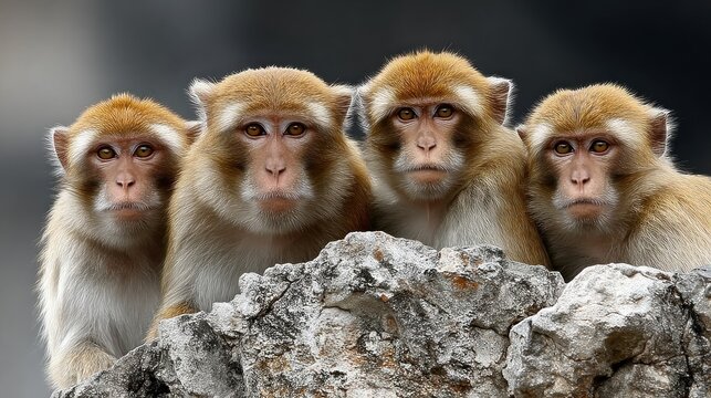 group of four monkeys sits together on a large rock, observing their surroundings in a natural setting. sunlight highlights their fur, emphasizing their social behavior