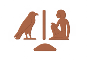 Ancient egyptian hieroglyph symbols featuring a falcon and a kneeling person, terracotta style glyphs for history and culture concepts
