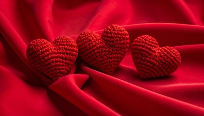 Three red crocheted hearts resting on rich, flowing, red fabric