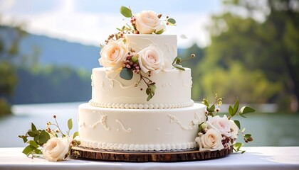 Three-tiered cake with cream frosting and floral decorations on a wooden base