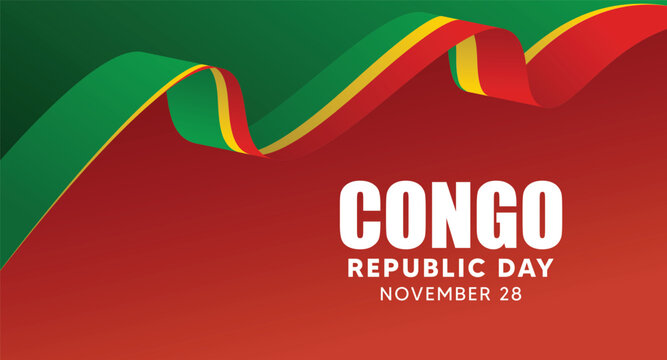 Congo Republic national flag ribbon with city skyline celebrating Republic Day event - Powered by Adobe