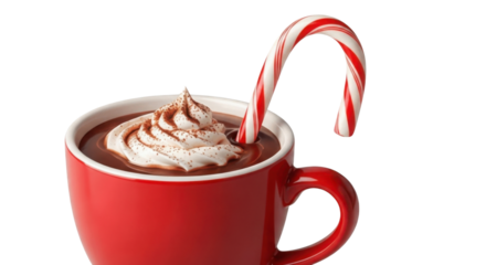 Hot chocolate with whipped cream and candy cane in a red mug isolated PNG with Transparent Background