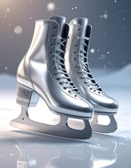 Two shiny, silver ice skates, resting on a snowy, blurred background with falling snowflakes