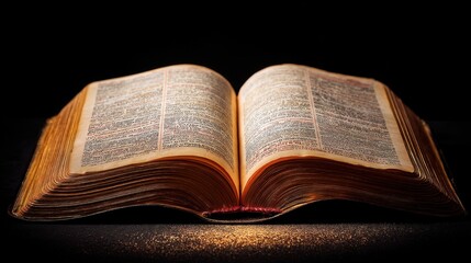 Obraz premium Old open book with ancient text and golden glow representing knowledge, history, education, and inspiration for learning or spiritual study.