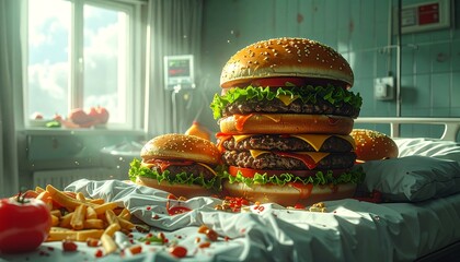 Giant burgers on hospital bed. Sunlight streams in