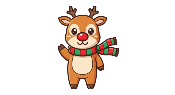 Cartoon reindeer with red nose and scarf waving hand isolated PNG with Transparent Background