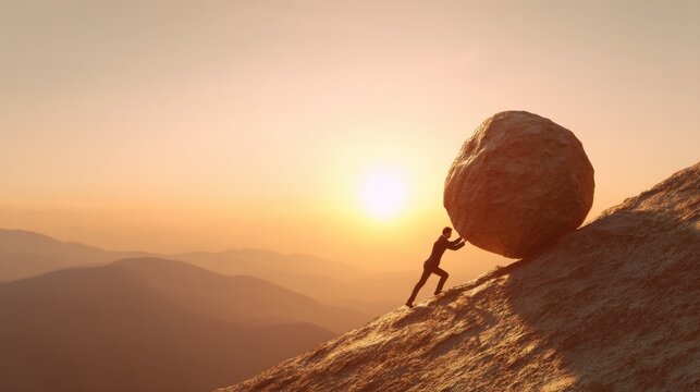 Man pushing giant stone uphill at sunset. Overcoming challenges and achieving success through hard work and perseverance concept. Business effort.