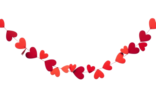 String of red hearts isolated on transparent background