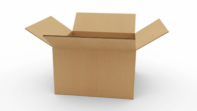 An open, empty, brown corrugated cardboard box on a white background