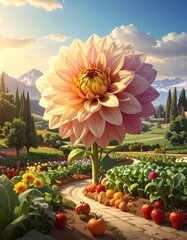Giant dahlia in a vibrant garden path