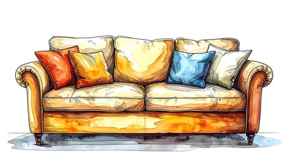 Watercolor illustration of a comfy three-seater sofa with colorful pillows