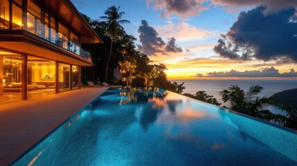 Fototapeta premium Luxury resort villa with infinity pool overlooking the ocean at colorful sunset. Tropical vacation getaway and relaxation on a beautiful evening.