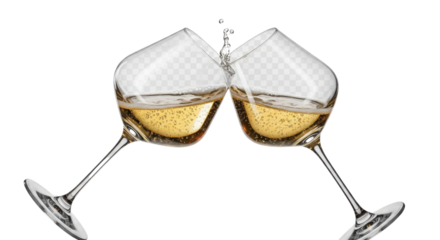 Two Wine Glasses Clinking and Splashing White Wine isolated PNG with Transparent Background