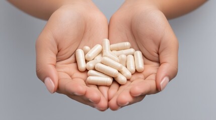 Hands Holding White Capsules of Colostrum in a Conceptual Presentation for Health and Wellness Stock Imagery