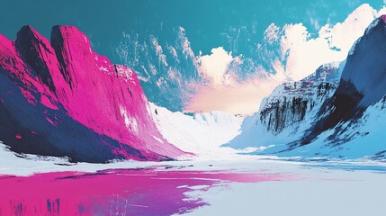 Vibrant, stylized arctic peaks and frozen water create a surreal, dreamlike winter landscape