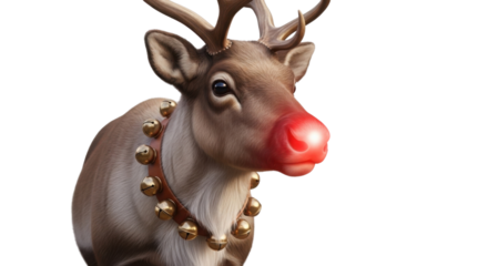 Cartoon illustration of Rudolph the red-nosed reindeer wearing jingle bells isolated PNG with Transparent Background