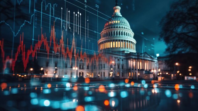 United states capitol building with financial data overlay. Global market downturn concept. Economic crisis and government response visualization.