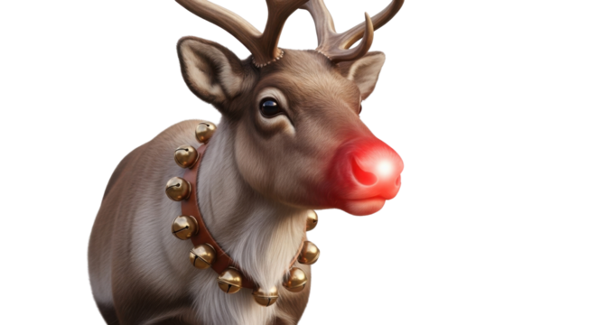 Cartoon illustration of Rudolph the red-nosed reindeer wearing jingle bells isolated PNG with Transparent Background - Powered by Adobe
