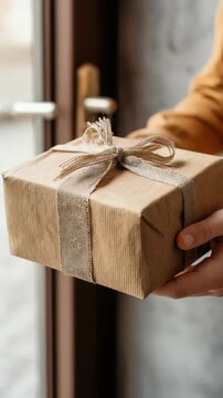 A person holds a beautifully wrapped gift box with a rustic ribbon near a window, creating a warm and festive atmosphere. The present is ready to be given for a special occasion or celebration
