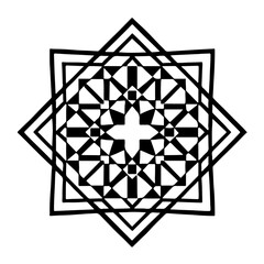 Black and white vector pattern in flat style with geometric symmetry and complex structure. Ideal for prints, branding, packaging, logos.